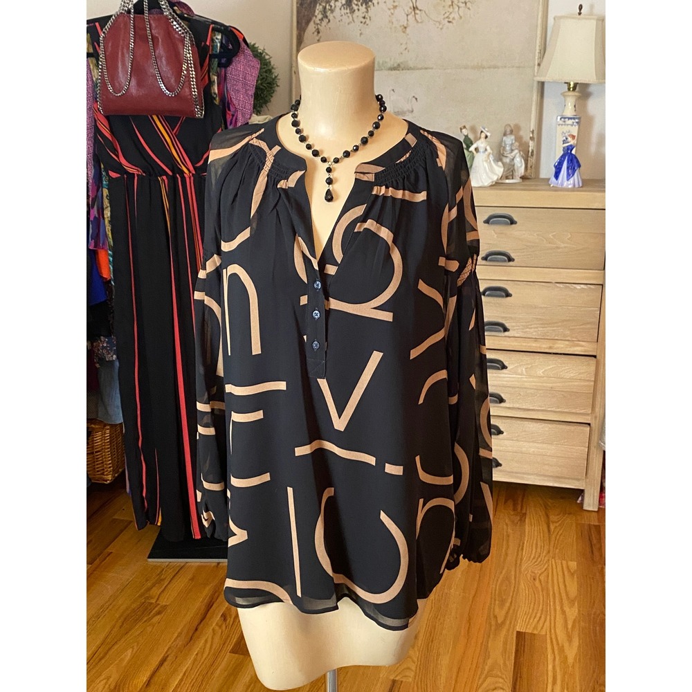 Calvin Klein Womens Black Tan Abstract Logo Chiffon Smocked Blouse Large